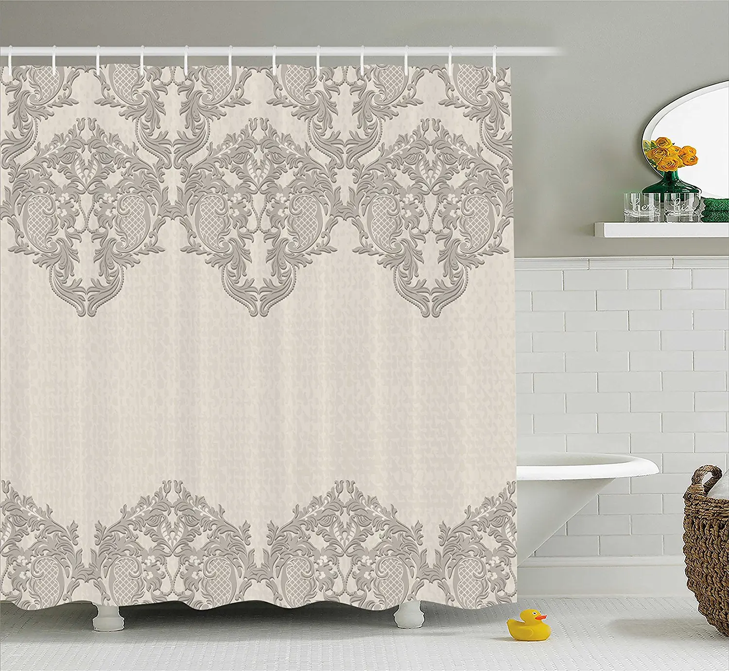 Taupe Shower Curtain Lace Like Framework Borders with Arabesque Details Delicate Intricate Retro Dated Print Decor Set
Taupe Shower Curtain Lace Like Framework Borders with Arabesque Details Delicate Intricate Retro Dated Print Decor Set