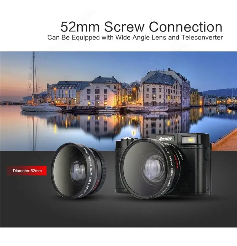 AMKOV 1080P AMK-R2 24MP HD Digital SLR Camera Camcorder+Macro Lens Recording 4x Zoom 3.0" TFT