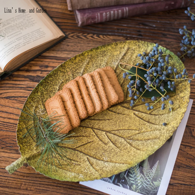 leaf shape handcrafted rustic yellow finish antique metal plate