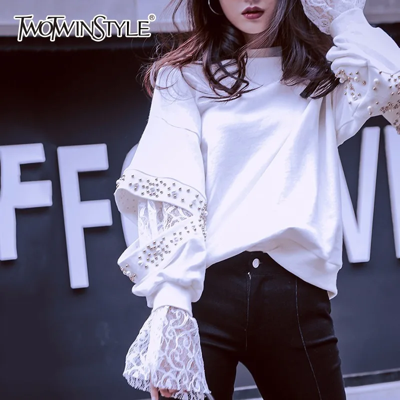 TWOTWINSTYLE Lace Hole Pullover Female Beading Patchwork Flare Sleeve Big Size Tops For Women Spring Sweet Fashion Clothing
TWOTWINSTYLE Lace Hole Pullover Female Beading Patchwork Flare Sleeve Big Size Tops For Women Spring Sweet Fashion Clothing