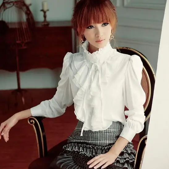 summer Lolita style royal design slim stand collar ruffle shirt female long-sleeve white black shirt new work wear AF488
summer Lolita style royal design slim stand collar ruffle shirt female long-sleeve white black shirt new work wear AF488