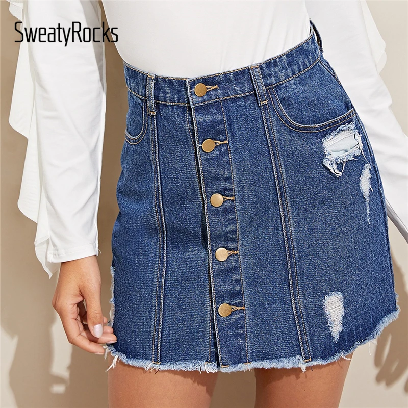 

SweatyRocks Ripped Detail Button Up Denim Skirt Streetwear Blue Frayed Edge Short Skirt 2019 Summer Fashion Women Mini Skirts