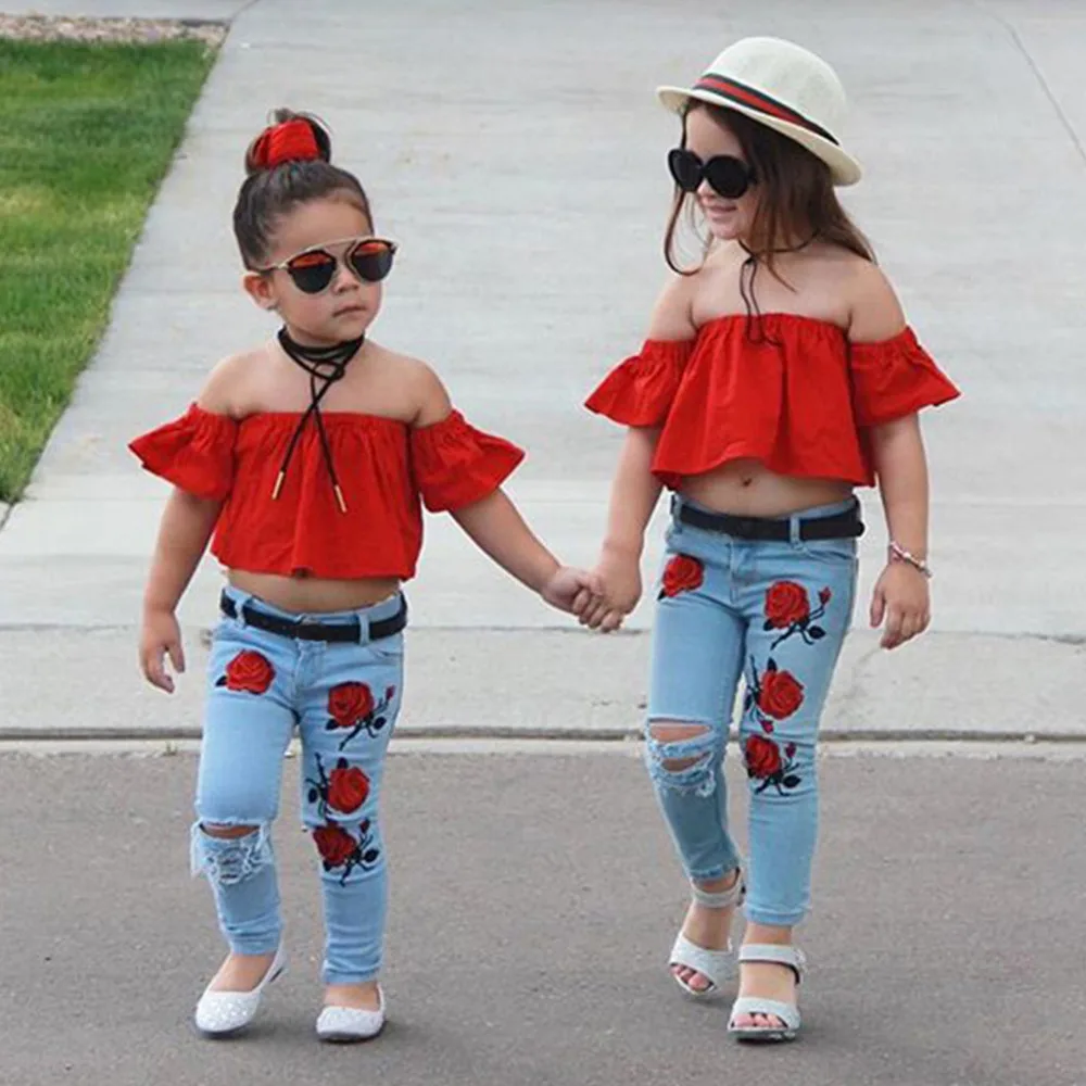 Kids Girls Sets Summer Off Shoulder Solid Tops+Hole Rose Denim Jean Pants Outfits Vetement Enfant Fille Teenage Girls Clothing
Kids Girls Sets Summer Off Shoulder Solid Tops+Hole Rose Denim Jean Pants Outfits Vetement Enfant Fille Teenage Girls Clothing