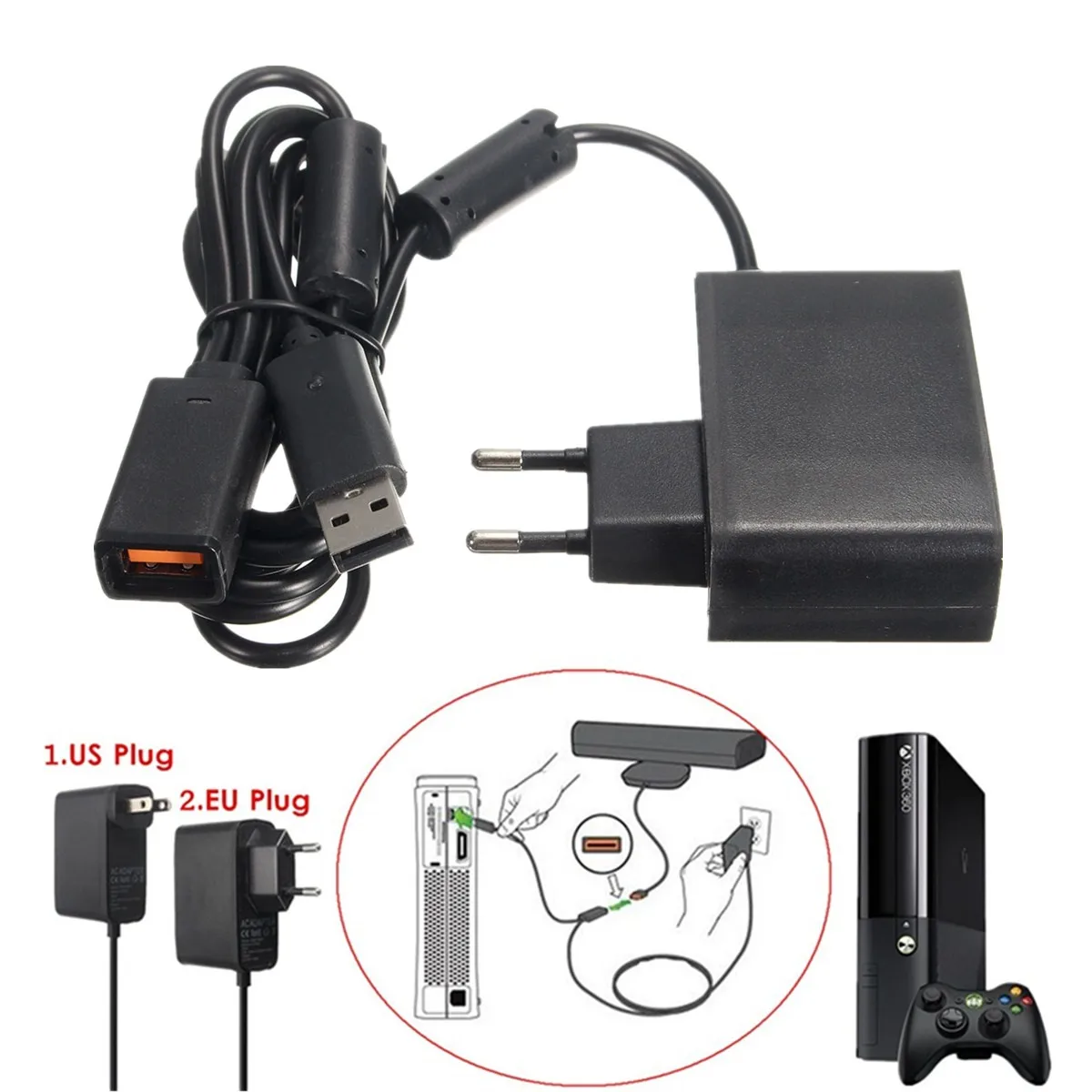 

New Power Supply AC 100V-240V EU Plug US Plug Adapter USB Charging Charger For Microsoft For Xbox 360 Kinect Sensor Black