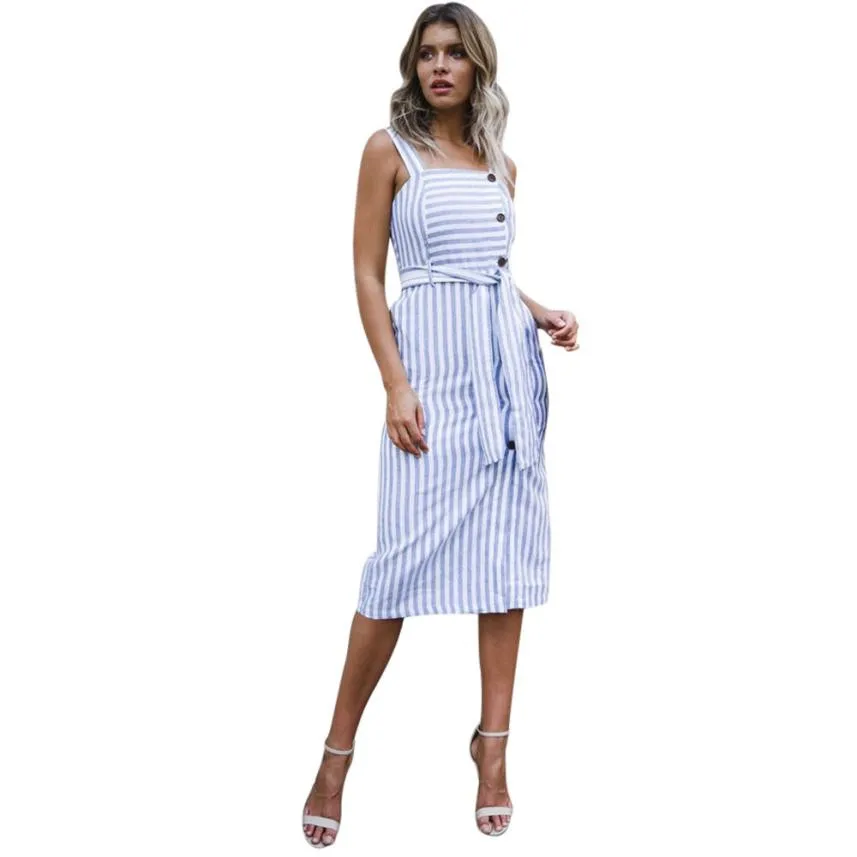 Blue Striped Dress Womens Summer Sleeveless Bow Waist Button Front Dress Lady Beach Sundrss Midi Dresses #10
Blue Striped Dress Womens Summer Sleeveless Bow Waist Button Front Dress Lady Beach Sundrss Midi Dresses #10