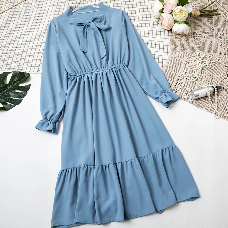 New Spring Bow tie Long Sleeve Solid Chiffon Ruffle Loose temperament Bohemia Big Size Dress Women Fashion Tide dresses ZX068
New Spring Bow tie Long Sleeve Solid Chiffon Ruffle Loose temperament Bohemia Big Size Dress Women Fashion Tide dresses ZX068