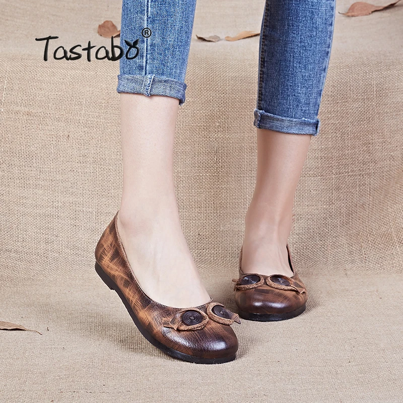Tastabo Women Shoes Handmade Genuine Leather Soft Flats Driving Shoe Round Women Flats