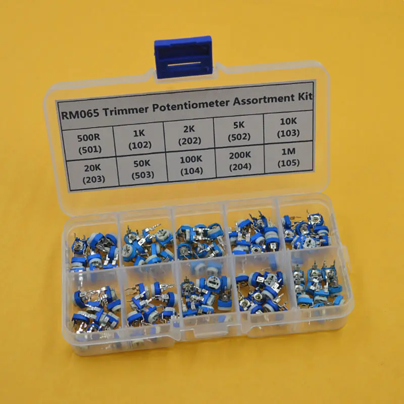 100PCS/Box RM065 Carbon Film Horizontal Trimpot Potentiometer Assortment Kit 10 Values Variable Resistor
100PCS/Box RM065 Carbon Film Horizontal Trimpot Potentiometer Assortment Kit 10 Values Variable Resistor