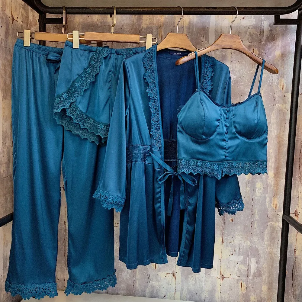 4 Piece Sexy Pajamas Set Women Faux Silk Lace Sling Sleeveless Shirt Shorts Summer Robe Sleepwear
4 Piece Sexy Pajamas Set Women Faux Silk Lace Sling Sleeveless Shirt Shorts Summer Robe Sleepwear