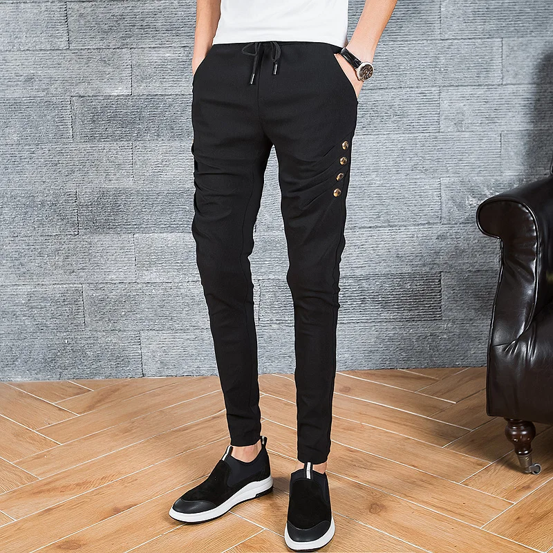 2018 Autumn New Men Casual Pants Slim Fit Black Trousers Male High Stretch Drawstring Pleated Rivet Mens Skinny Pants
2018 Autumn New Men Casual Pants Slim Fit Black Trousers Male High Stretch Drawstring Pleated Rivet Mens Skinny Pants