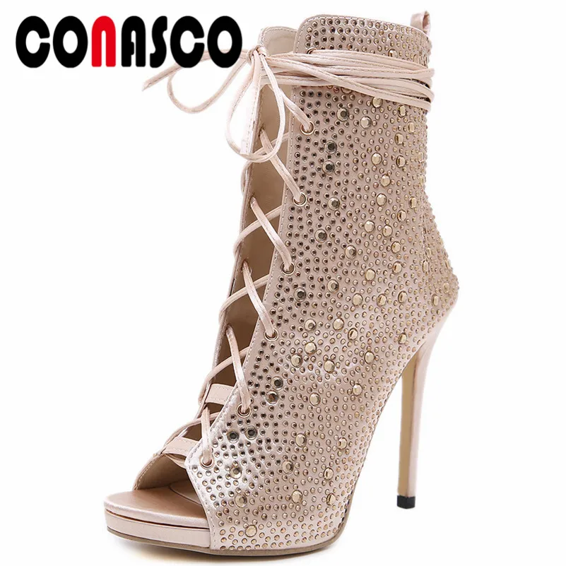 CONASCO 2019 Fashion Blingbling Pu Leather Lace Up Peep Toe Women Mid-Calf Boots Summer High Heels Punk Sexy Party Shoes Woman
CONASCO 2019 Fashion Blingbling Pu Leather Lace Up Peep Toe Women Mid-Calf Boots Summer High Heels Punk Sexy Party Shoes Woman