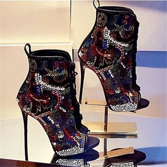 Mixed Color Crystal Women Boots Lace Up High Heels Gladiator Sandals Boots Cross Strap Diamond Summer Ankle Boots Botas Mujer (5)