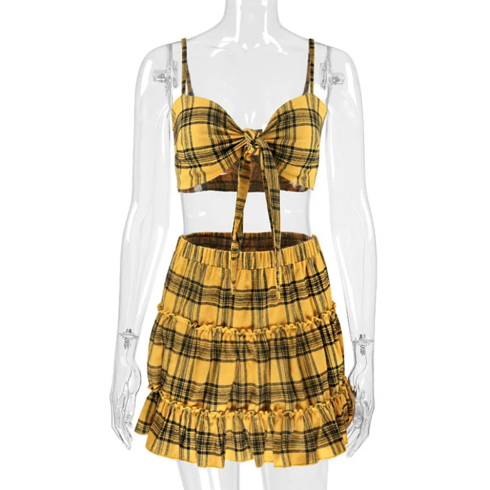 Women 2 Piece Outfits Sleeveless Plaid Crop Top Blouse Shirt+Short Skirt Set Short Sexy Beach Dress Casual Mini SundressJ11# (8)