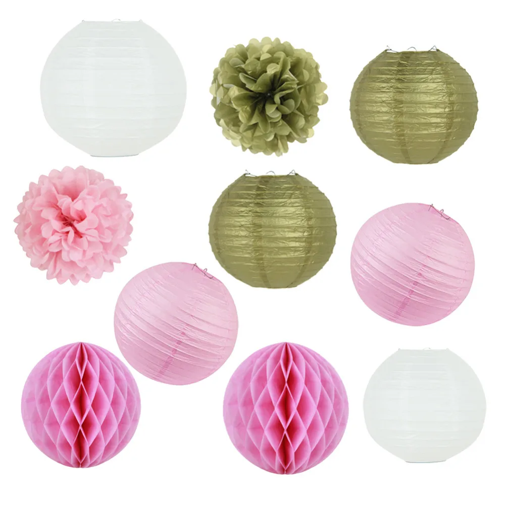 Set of 11 Gold and Pink Paper Decoration Honeycomb BallsPaper LanternsTissue Paper Pom Pom Wedding Birthday Party Decor (1)