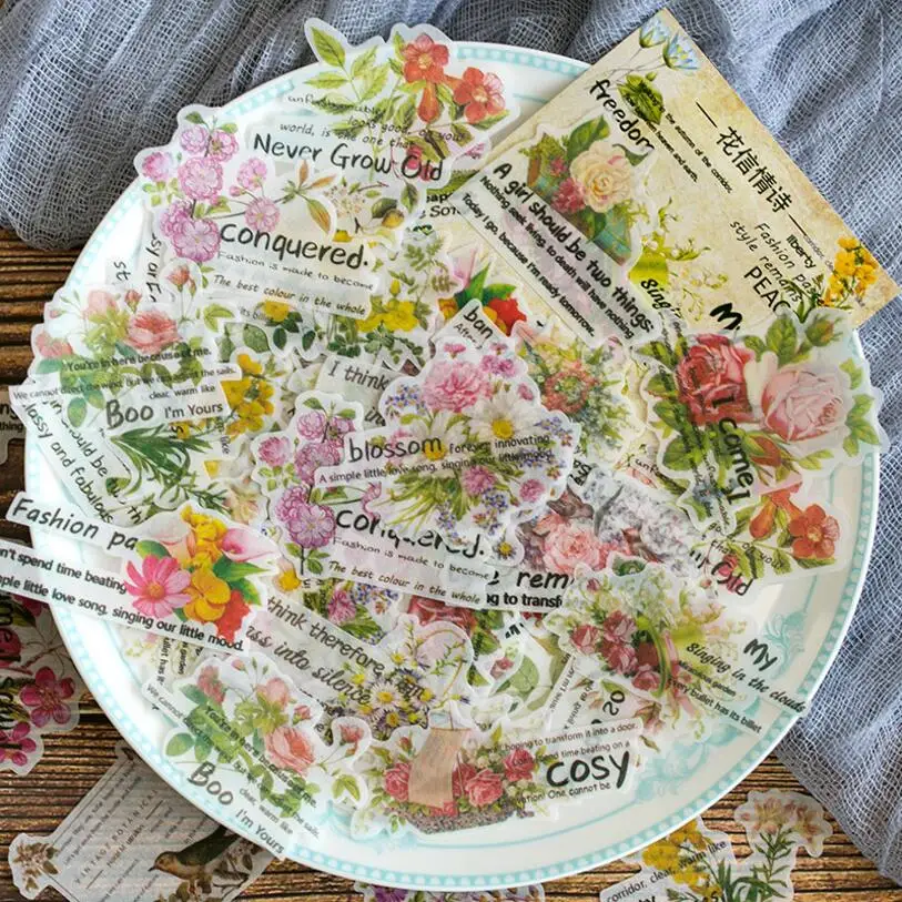 60 pcs/lot Journal Japanese Paper Flower Vintage English Poetry Decorative Diary Cute Stickers Scrapbooking Flakes Stationery
60 pcs/lot Journal Japanese Paper Flower Vintage English Poetry Decorative Diary Cute Stickers Scrapbooking Flakes Stationery