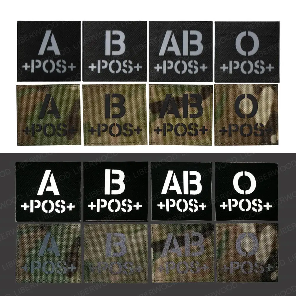 

Blood Type Infrared in the dark Patch A+ B+ O+ AB+ POS Positive IR patch Reversed CP Military Morale Patch badge with hook loop