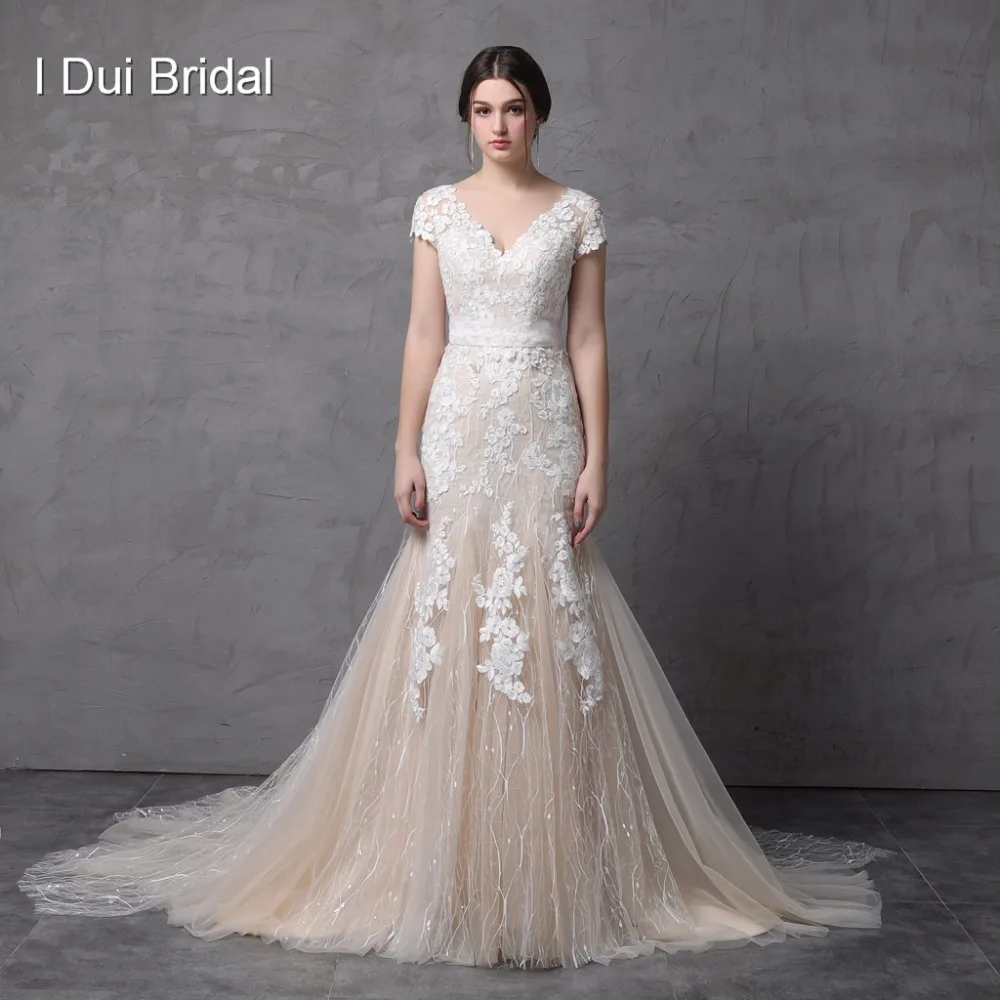 Short Sleeve V Neckline Mermaid Wedding Dress Champagne with Floral Lace Illusion Back
Short Sleeve V Neckline Mermaid Wedding Dress Champagne with Floral Lace Illusion Back