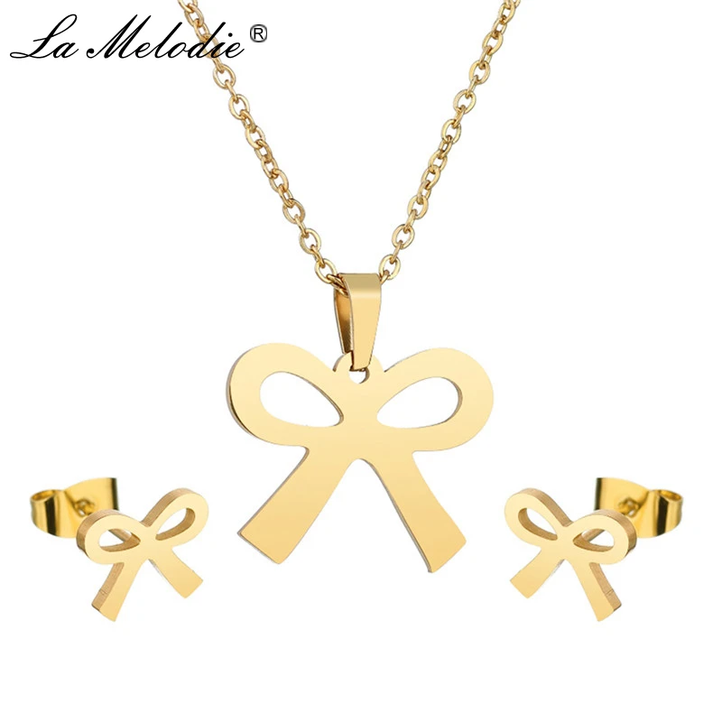 New Woman Stainless Steel Bowknot Pendants Necklaces Stud Earrings Jewelry Set Gold Link Chains for Women Party Wedding Gifts
New Woman Stainless Steel Bowknot Pendants Necklaces Stud Earrings Jewelry Set Gold Link Chains for Women Party Wedding Gifts