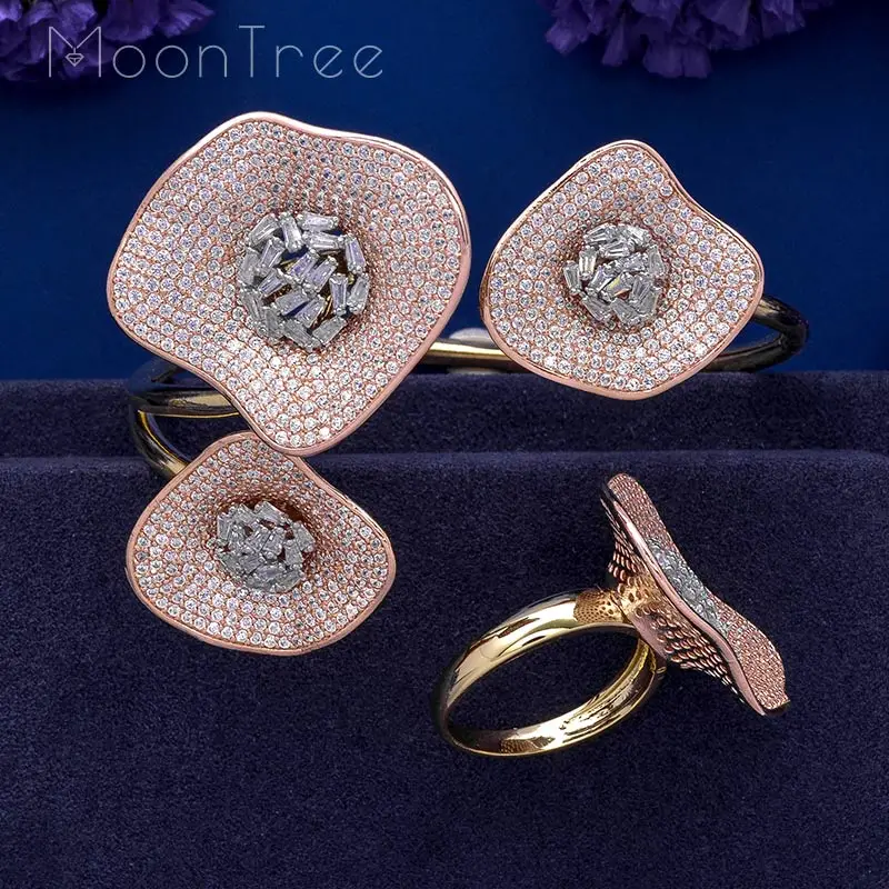 MoonTree Luxury Lotus Leaf AAA Cubic Zirconia 3Tone Color Women Wedding Naija Dubai Party Engagement Dress Jewelry Set 
MoonTree Luxury Lotus Leaf AAA Cubic Zirconia 3Tone Color Women Wedding Naija Dubai Party Engagement Dress Jewelry Set