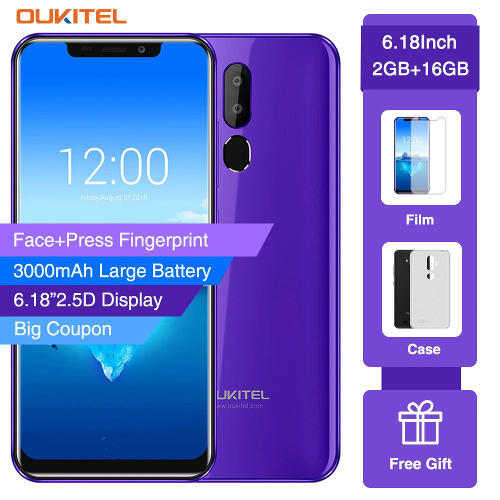 

OUKITEL C12 MT6580 Quad Core Smartphone Face ID 6.18" 19:9 8MP+2MP 2GB RAM 16GB ROM Android 8.1 3300mAh Fingerprint Mobile Phone