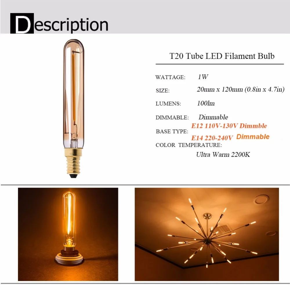 Description Picture 5 of item4PCS/Lot T20 Edison Retro Lamps 1W 2W LED Light Long Filament E12 E14 110V 220V Dimmable Refrigerator Bulb Warm White room decor