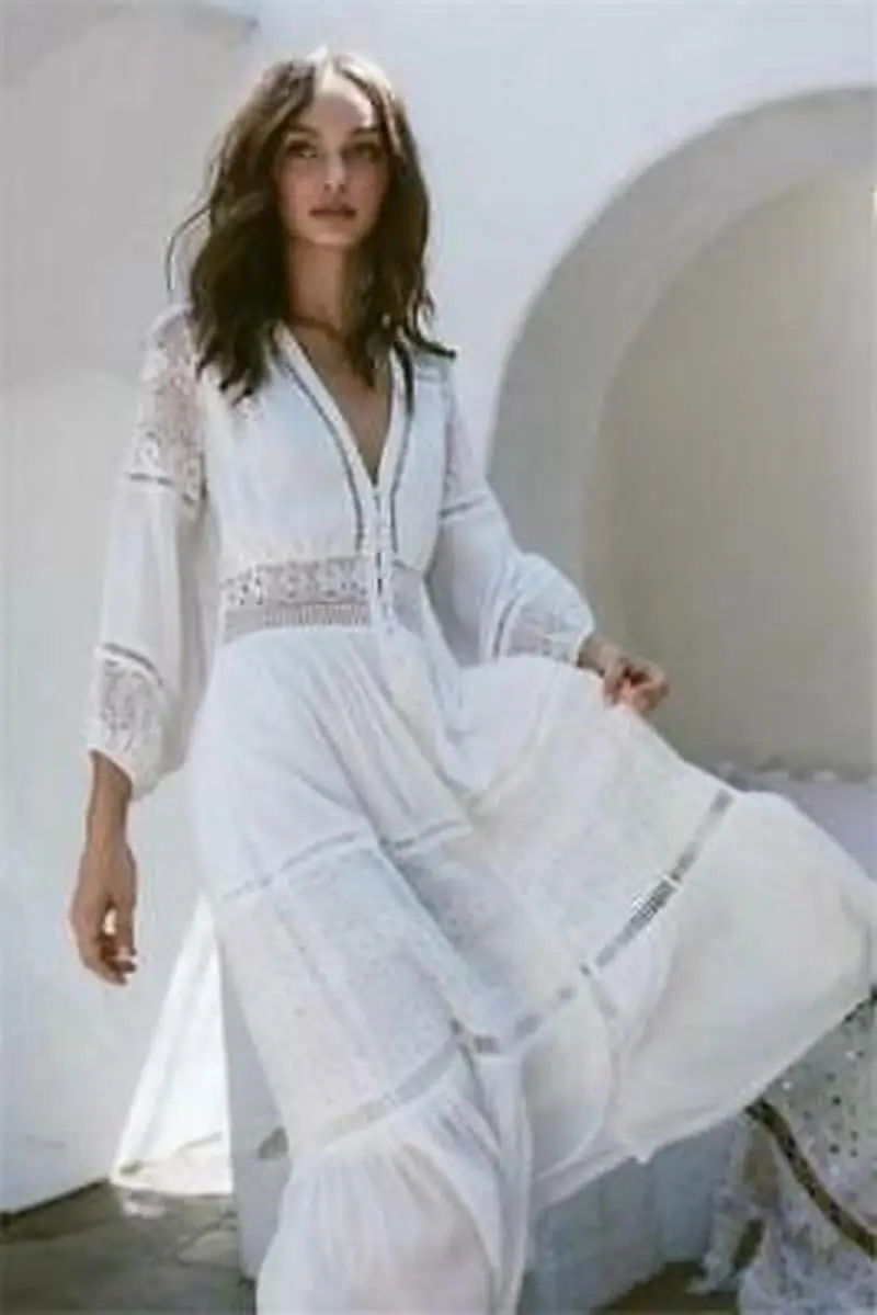 Vintage 70s Deep V Sheer White GAUZE Goddess Maxi Boho LACE Hippie Prairie Dress Slim Fit A850
Vintage 70s Deep V Sheer White GAUZE Goddess Maxi Boho LACE Hippie Prairie Dress Slim Fit A850