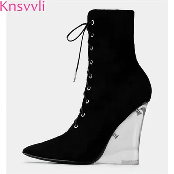 Knsvvli Clear Wedge Heels Ankle Boots For Women Pointed Toe Black Suede Lace Up Sexy Transparent High Heels Woman Short Boots
Knsvvli Clear Wedge Heels Ankle Boots For Women Pointed Toe Black Suede Lace Up Sexy Transparent High Heels Woman Short Boots