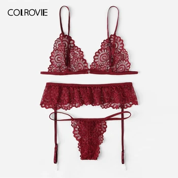 

COLROVIE Burgundy Lace Garter With Thongs V-Strings Women Lingerie Set 2019 Wireless Intimates Transparent Underwear Bra Set