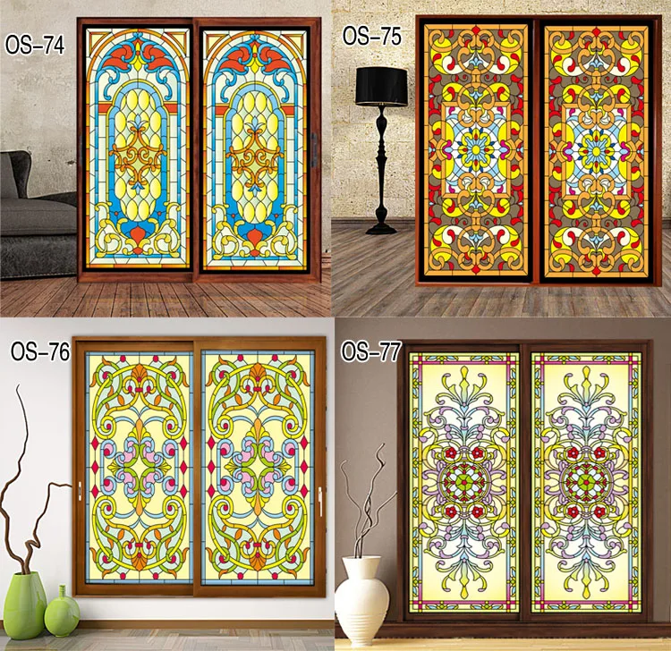 Image Custom vintage church electrostatic film translucent opaque glass sliding door stickers affixed to furniture cabinets