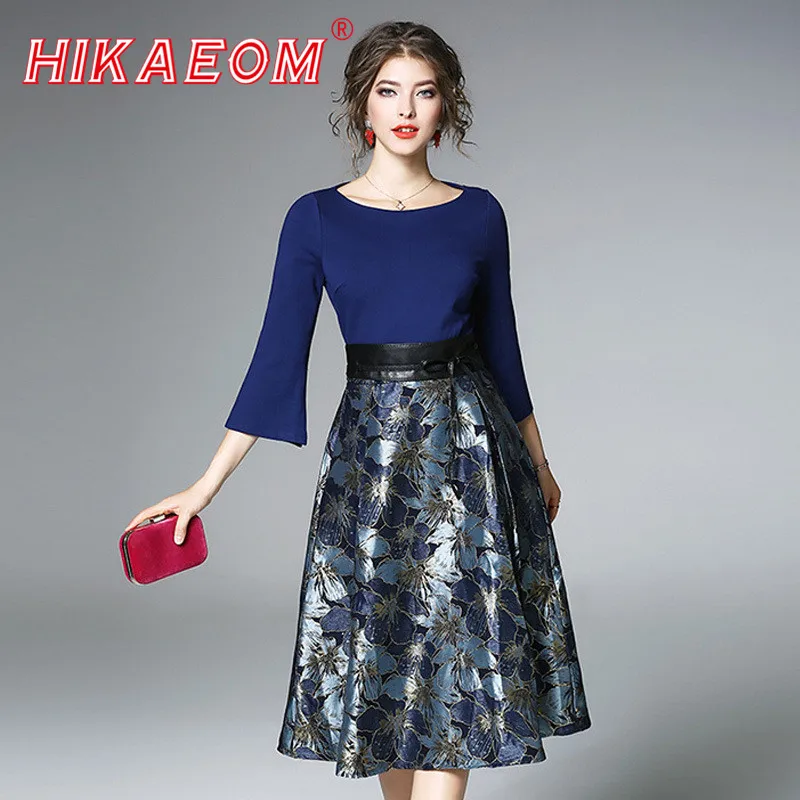 Early Spring Patchwork Rushed Dresses 2018 New Flare Sleeve Jacquard O Neck High Waist Fashion Floral Elegant Runway Dress Women 
Early Spring Patchwork Rushed Dresses 2018 New Flare Sleeve Jacquard O Neck High Waist Fashion Floral Elegant Runway Dress Women