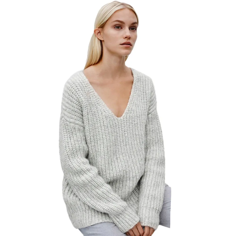 CHAMSGEND 2018 Fashion Women Sweater Solid Grey Deep V Neck Loose Casual Style Plus Size Long Sleeve Knitwear Female Pullovers | Женская