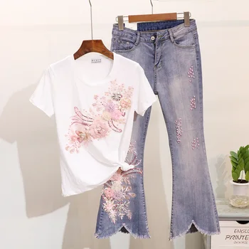 Spring Summer Tops Flare Jeans Pants Set Women 2 Piece Set 2020 Beading Embroidery 3D Flower Cotton T-Shirt Denim Trousers Suit
Spring Summer Tops Flare Jeans Pants Set Women 2 Piece Set 2020 Beading Embroidery 3D Flower Cotton T-Shirt Denim Trousers Suit