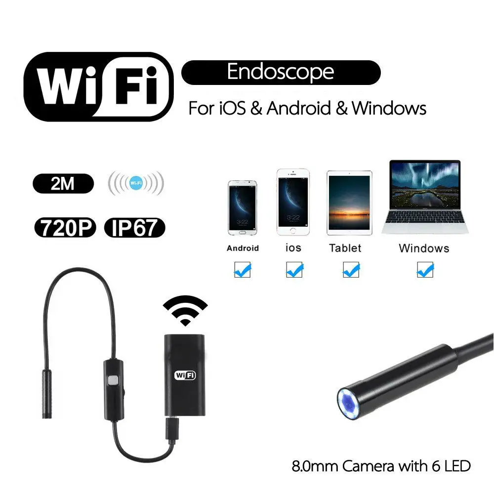 8.0mm Wifi Endoscope 2.0MP HD Camera Waterproof Snake Camera Inspection Borescope with 6pcs LED Adjustable for iOS Android 8.0mm Wifi Endoscope 2.0MP HD Camera Waterproof Snake Camera Inspection Borescope with 6pcs LED Adjustable for iOS Android<br><br>Aliexpress