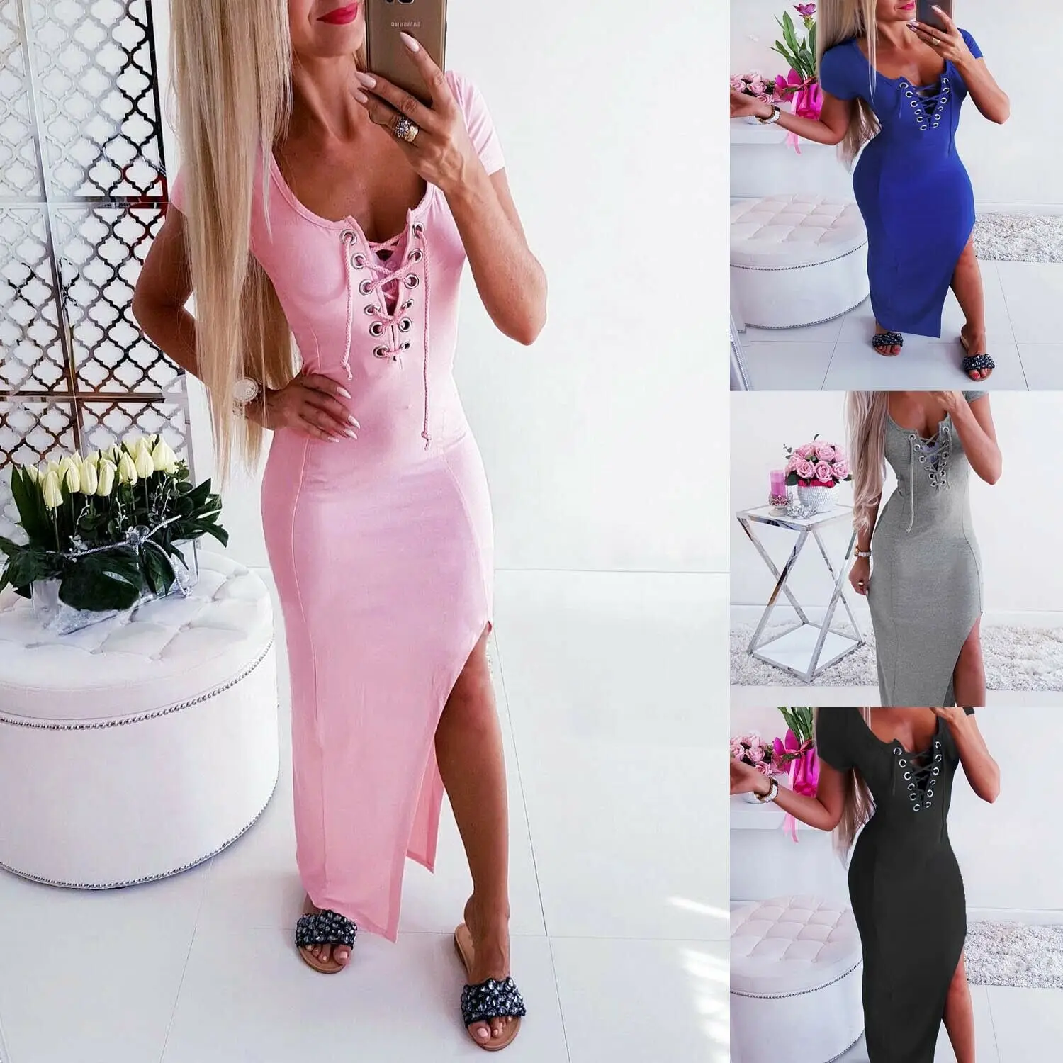 Summer Sexy Womens 2019 New Short Sleeve Boho Pure Color Party Casual Bodycon Split Dress Long Dresses Female Vestidos
Summer Sexy Womens 2019 New Short Sleeve Boho Pure Color Party Casual Bodycon Split Dress Long Dresses Female Vestidos