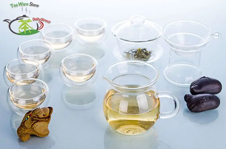 

1x 9in1 Kung fu Coffee Tea Set - 130ml Heat-Resisting Glass Gaiwan Pot+Strainer+Tea Pitcher Chahai + 6 Double Wall Layer Cups