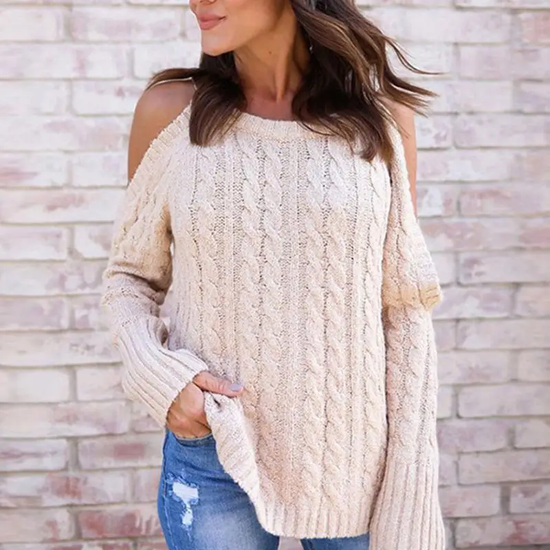 Open Shoulder Knitted Long Sleeve Women Pullovers Loose Twist Sweaters Casual Autumn Winter casacas para mujer christmas sweater | Женская