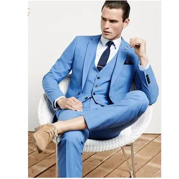 Sky Blue Mens Tuxedos Custom Wedding Suits For Men With Pants Slim Fit Notch Lapel One Button Jacket + Pants + Vest 
Sky Blue Mens Tuxedos Custom Wedding Suits For Men With Pants Slim Fit Notch Lapel One Button Jacket + Pants + Vest