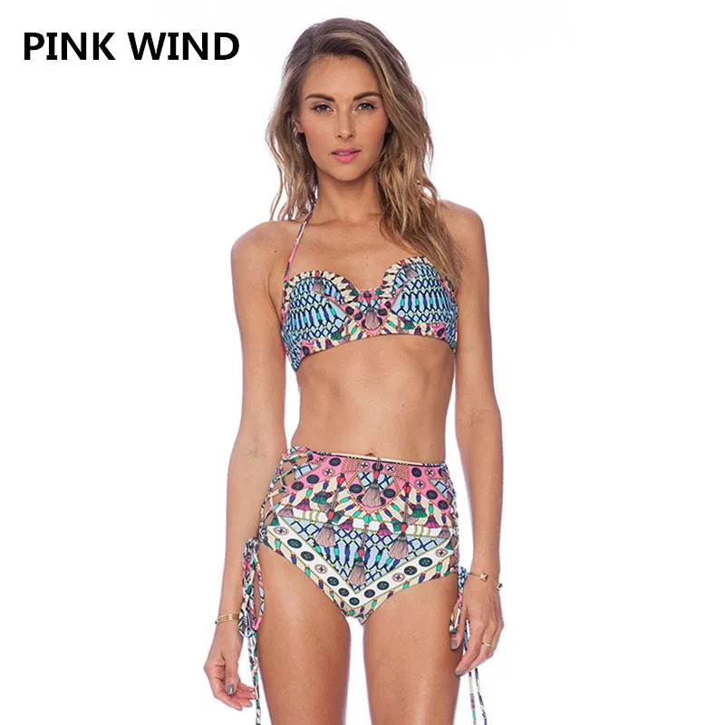PINK WIND 2017 Cheeky Side Lace Up Bikini Set Swimsuit Women Sexy Swimwear Printed Bandage High Waist Bathing Suit Biquinis S-XL | Женская
