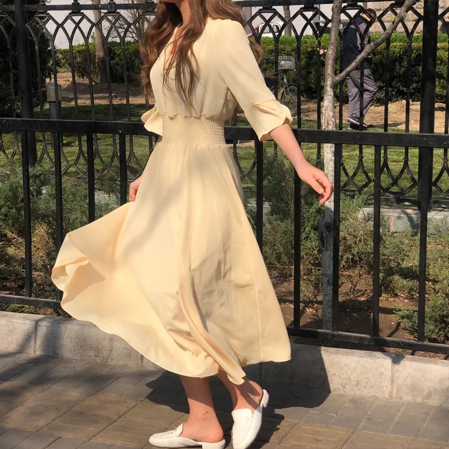 Summer Women V Neck Chiffon Dresses Korean Flare Sleeve Slim Waist Button Shirt Dress Solid Sweet A Line Maxi Dress
Summer Women V Neck Chiffon Dresses Korean Flare Sleeve Slim Waist Button Shirt Dress Solid Sweet A Line Maxi Dress