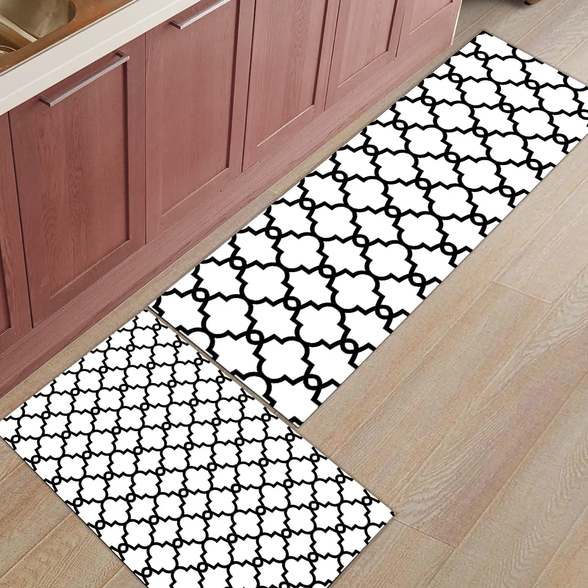 2 Piece Kitchen Mats and Rugs Set Modern Classic Moroccan Geometric Checks White Home Deocr Non Skid Area Runner Doormats Carpet | Дом и сад
