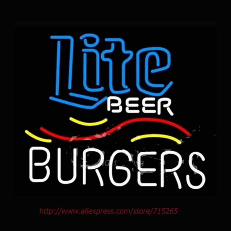 Image Millerr Lite and Burgers Neon Sign Beer Sign Handcrafted Neon Bulbs Real Glass Tube advertisement Design Store Display 20x24