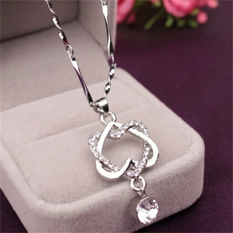 Double Heart Winding Crystal Rhinestone Short Drop Pendant Necklace Gift Summer Dress Women Jewelry | Украшения и аксессуары