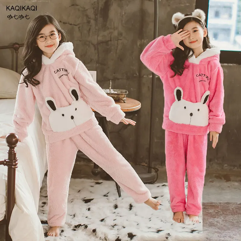 Зимние милые фланелевые пижамные костюмы с кроликом для девочек комплекты