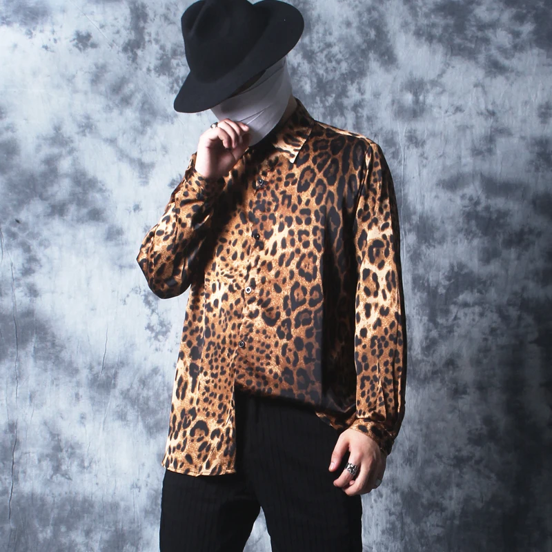 Мужская рубашка с леопардовым принтом Свободная Повседневная длинными рукавами