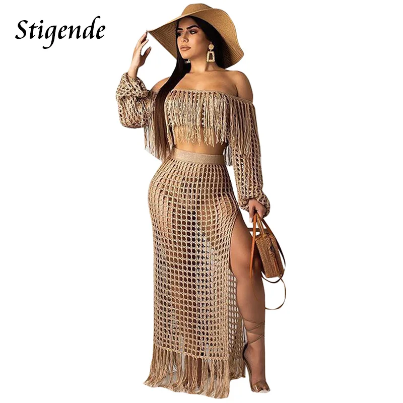 Stigende Slash Neck Tassels Two Piece Knit Sets Women Long Sleeve 2 Piece Crop Top and Skirt Set Summer Crochet Dress Beach Wear
Stigende Slash Neck Tassels Two Piece Knit Sets Women Long Sleeve 2 Piece Crop Top and Skirt Set Summer Crochet Dress Beach Wear