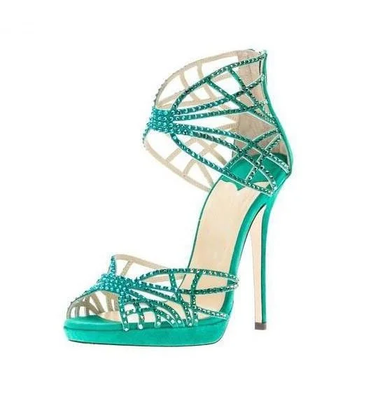 

Sexy Green Crystal Embellished Strappy Sandals Beige Suede Cut-out Cage Shoes For Women Back Zipper High Heel Summer Dress Shoes