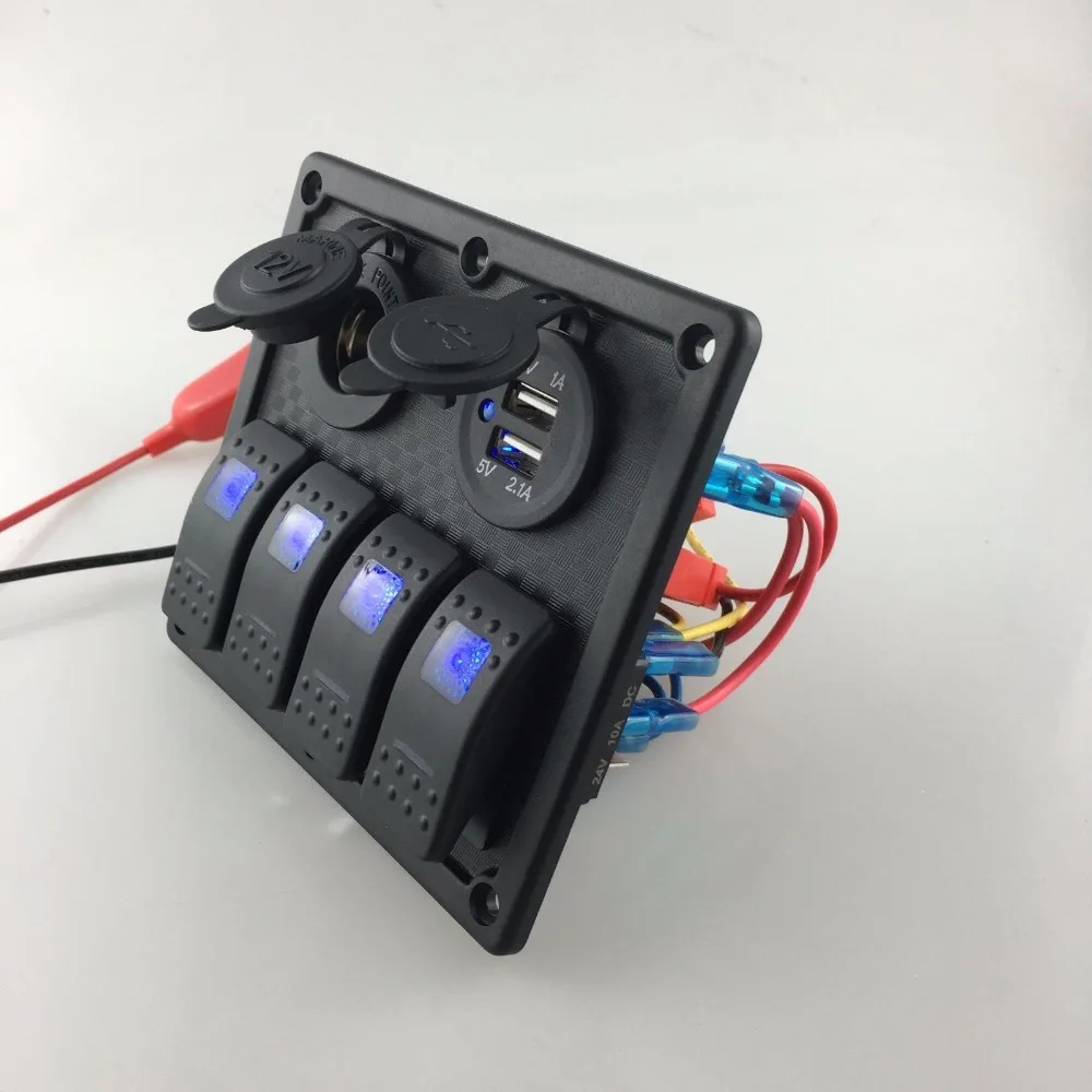 12V-24V DC 4 gang Waterproof marine blue led switch panel with power socket and USB
12V-24V DC 4 gang Waterproof marine blue led switch panel with power socket and USB