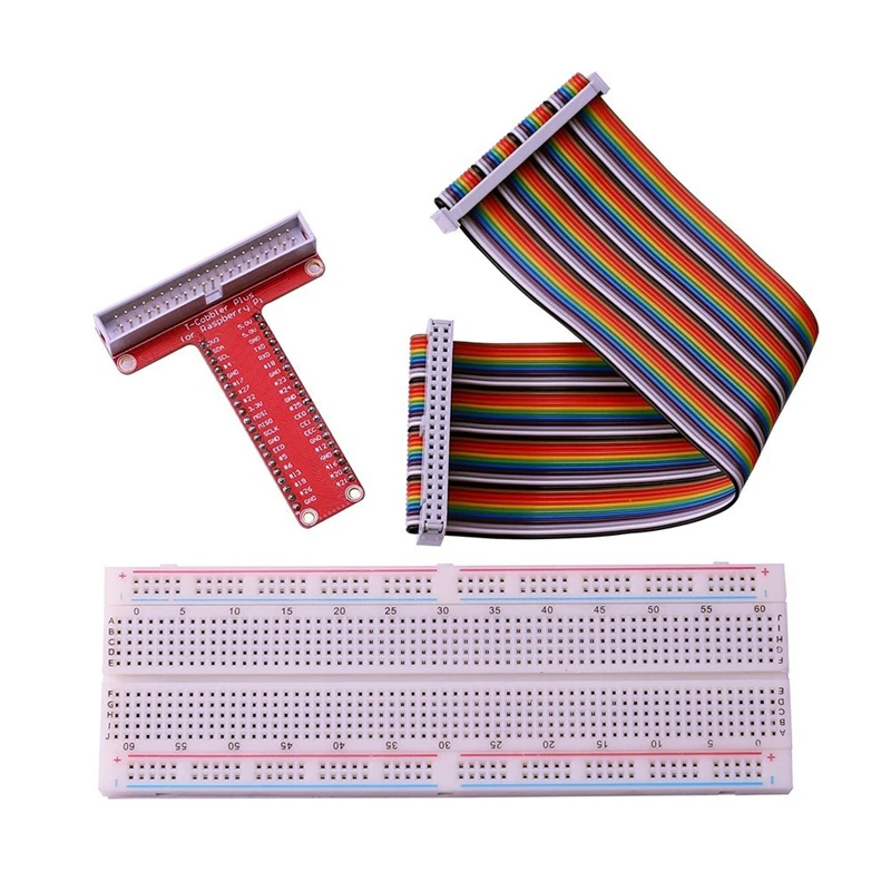 830 tie-points breadboard + 40Pin Rainbow Cable + GPIO T-Cobbler Plus Breakout Board Kit for Raspberry Pi B+ and Models 2 & 3 B
830 tie-points breadboard + 40Pin Rainbow Cable + GPIO T-Cobbler Plus Breakout Board Kit for Raspberry Pi B+ and Models 2 & 3 B