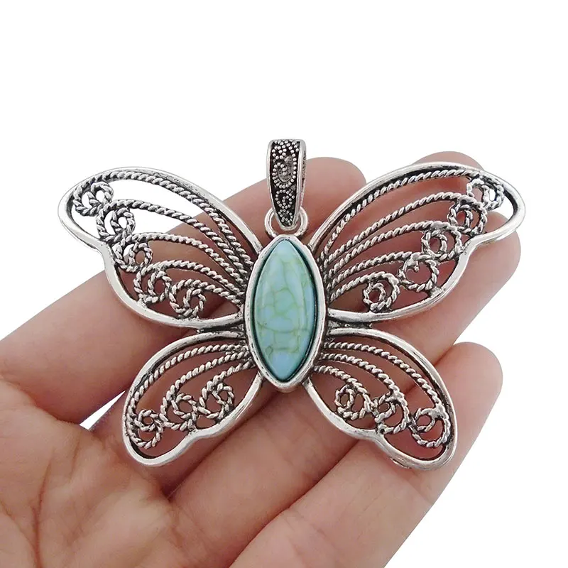 3 x Antique Silver Tone Large Filigree Butterfly with Faux Turquoise Stone Charms Pendants for Necklace Jewelry Making Findings 
3 x Antique Silver Tone Large Filigree Butterfly with Faux Turquoise Stone Charms Pendants for Necklace Jewelry Making Findings