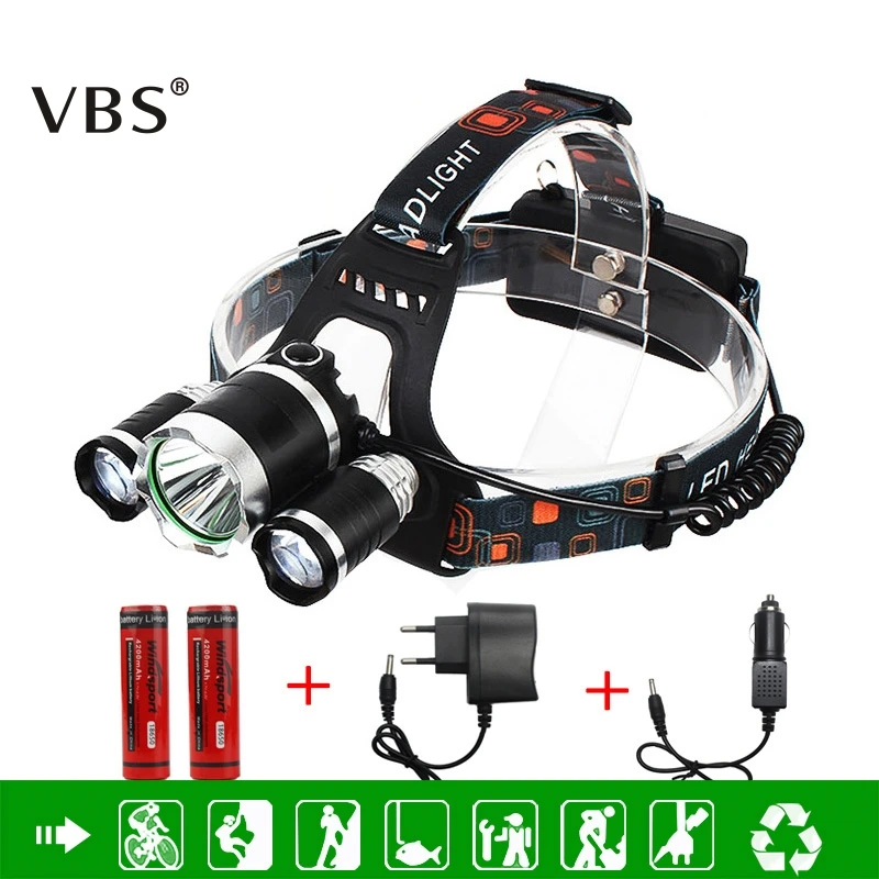 

3 LED Headlight High Lumens Cree XM-L T6 + 2* R5 Head Lamp High Power 4 Mode LED Headlamp Rechargeable 18650 Battery + Charger